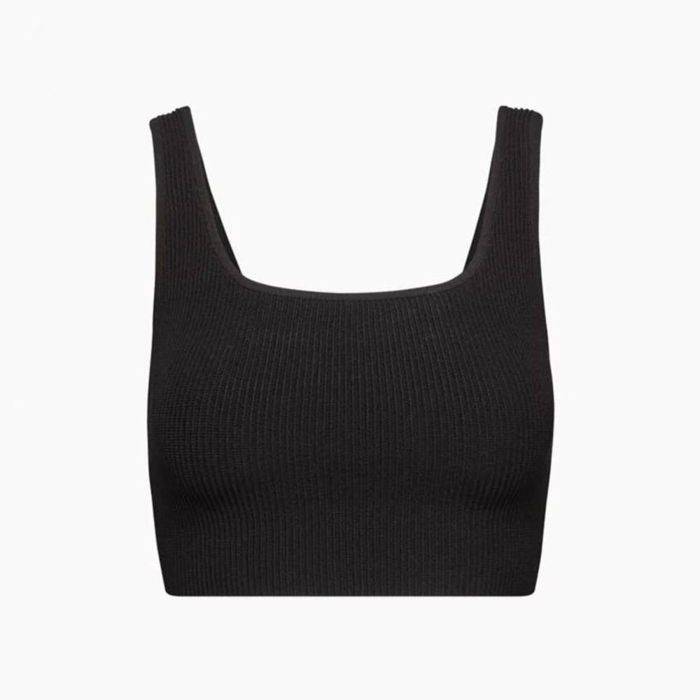 Aritzia Babaton Ribbed Black Sculpt Knit Squareneck Cropped Tank Top Medium